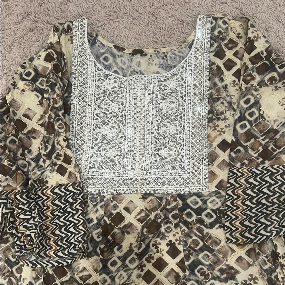 Beige And Brown Patterned Kurta - image 2